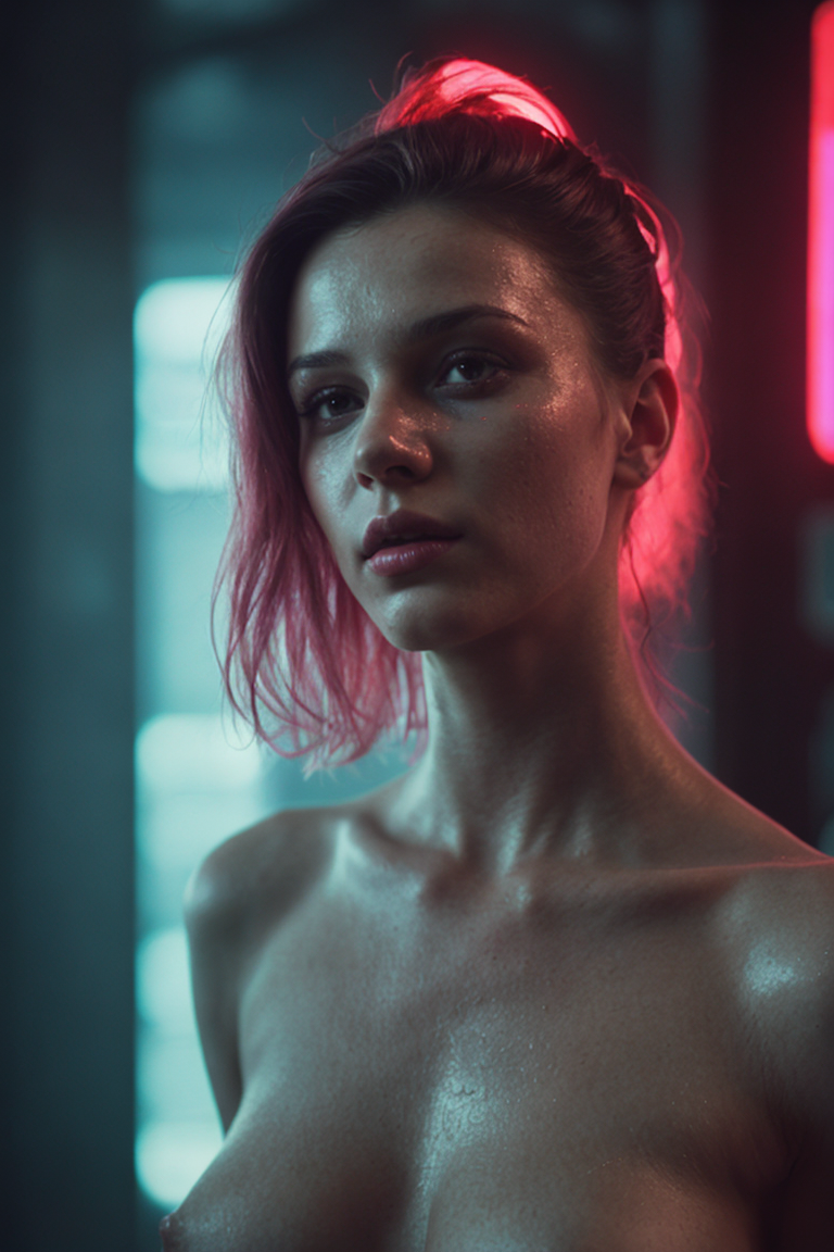 Film still, cinematic, photo of a cute woman, detailed skin texture, shot on film, vibrant colors, cyberpunk theme