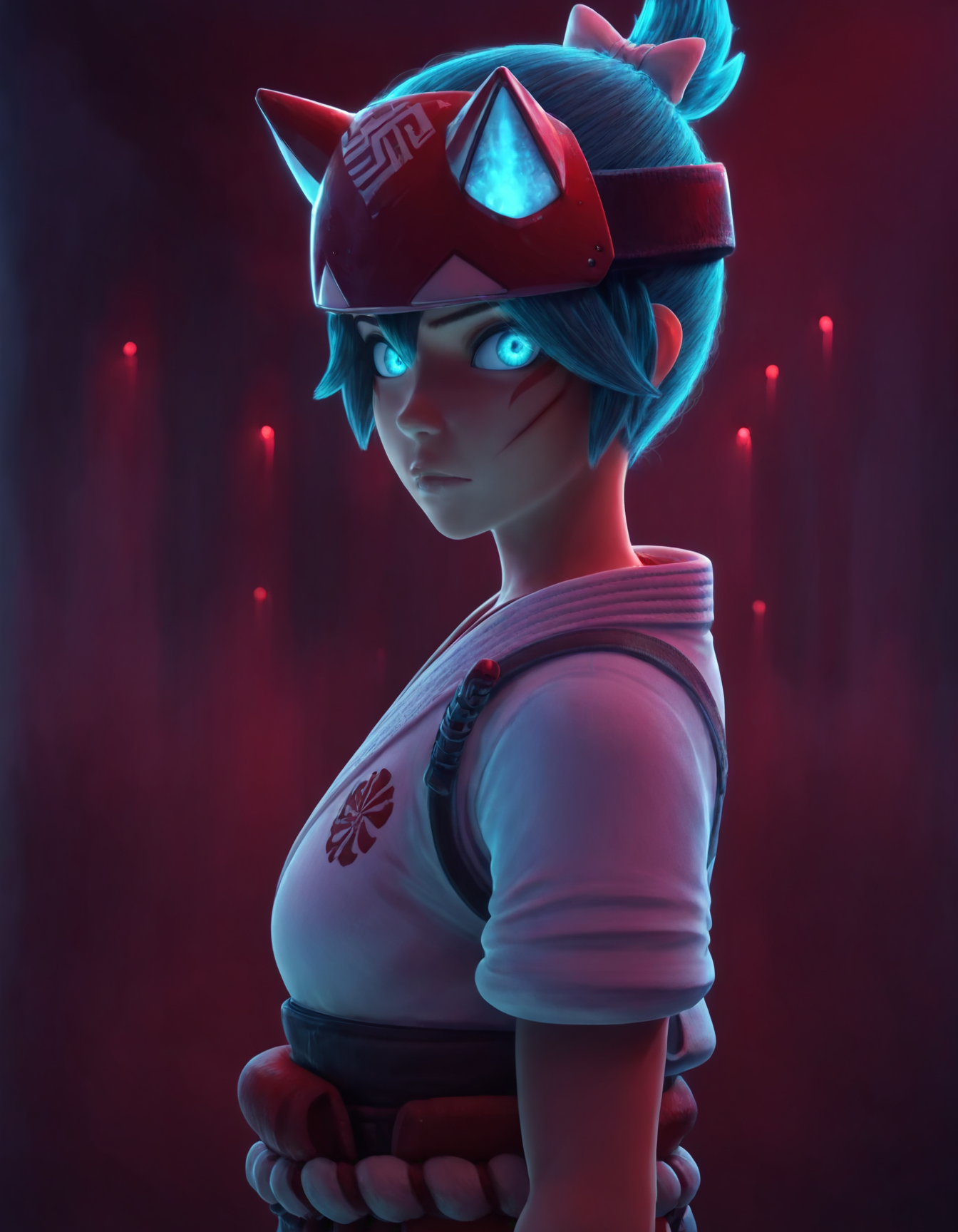best quality, highly detailed, 1girl, looking at the viewer, glowing eyes, blue eyes, Japanese clothes, from the side:0.7, helmet, 
 <lora:illkiriko:1>