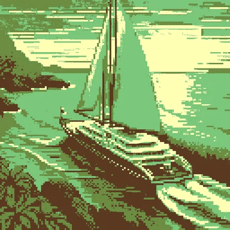 pixel art, A mesmerizing drawing of a sleek, opulent yacht gracefully gliding through cerulean waves, adorned with glistening chrome accents, billowing sails catching the golden sunset, and a luxurious deck hosting jubilant passengers basking in splendor