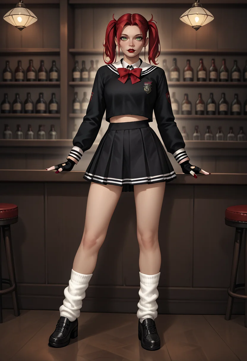 <lora:Rayne_-_BloodRayne_2__6_outfits_PonyXL:0.5>, score_9, score_8_up, score_7_up,score_6_up, score_5_up, score_4_up, 1girl, solo, sgrayne, red hair, twintails, green eyes, red lipstick, red bowtie, fingerless gloves, black serafuku, long sleeve, black skirt, loose socks, black shoes, looking at viewer, standing, bar, night