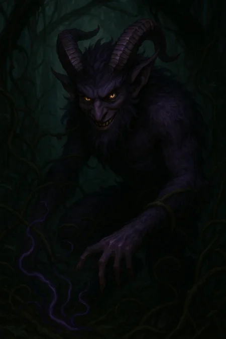 devious purple fur satyr, creeping in the forest, dark magic, vines