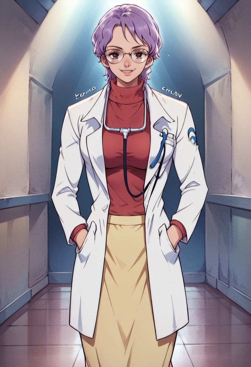 KobatoOP, 1girl, solo, purple hair, short hair, black eyes, lips, round glasses, large breast, white doctor coat, red jumper, light yellow skirt, grey shoes, knee-length skirt, lab coat, turtleneck, stethoscope,
seductive pose, sexy pose, tease,  in the spotlight,,
smile,
score_9, score_8_up, score_7_up, beautiful aesthetic, very intricate, high quality details,vibrant, highly detailed, award-winning, professional,anime artwork, anime style, studio anime, athletic, curvy body, athletic girl, perky tits,large breast,perfect tits, round breasts, nipple outline,looking at viewer, pinup pose,teasing, dynamic lighting, cinematic, smug, better than you, aura of temptation, highly detailed, high resolution, masterpiece, detailed clother, detailed background, highly detailed, ((sound effects)) comic layout,