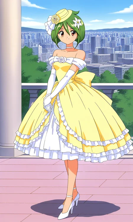 general,highres, ultra-detailed,very aesthetic,best quality ,best hands, BREAK <lora:Tamano_Hinagiku_IS:1> Tamano_Hinagiku, 1girl,solo, green hair, short hair, brown eyes, hair between eyes, 1990s (style),anime coloring, smile,
wedding dress, high heels, gloves, elbow gloves,
hat, hair flower, full body, bow, bob cut, shoes, choker, white footwear, yellow dress, smile, standing, hair ornament,
white gloves, frills, bare shoulders,
city, outdoor, day, sky,