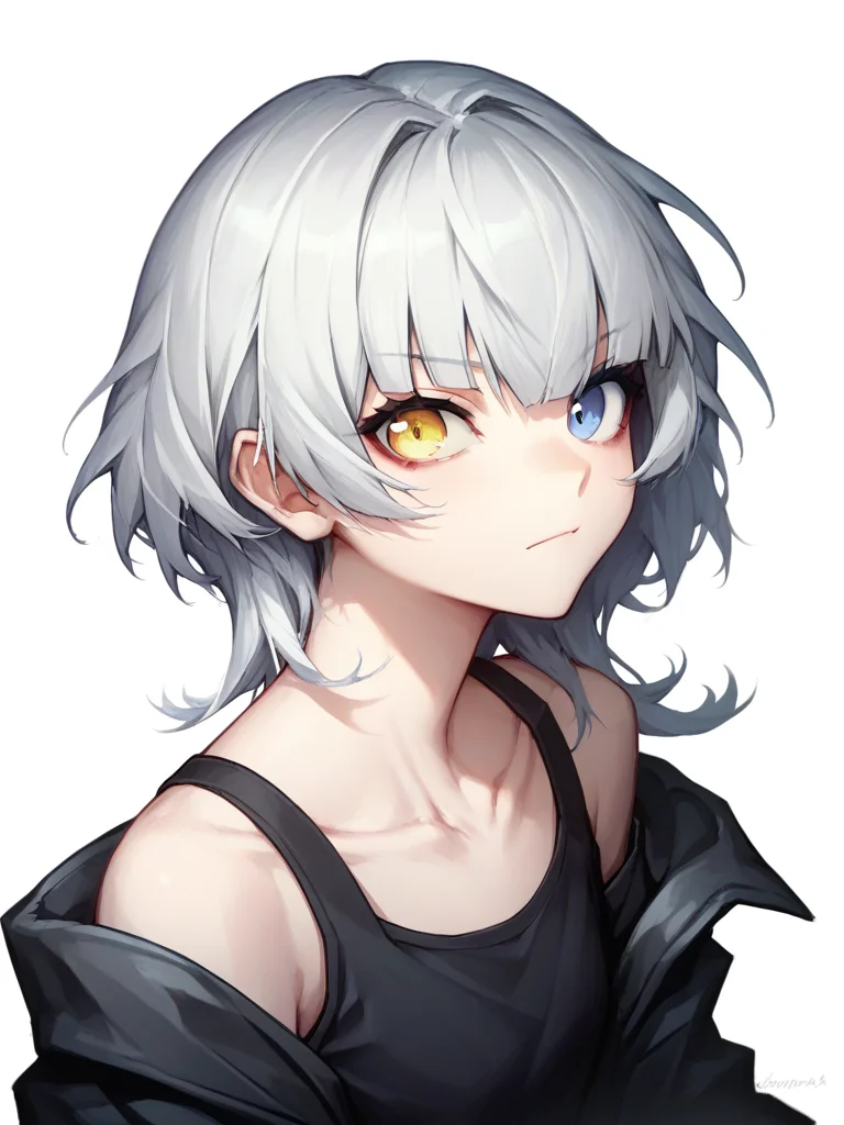 score_9,score_8_up,score_7_up,<lora:mygo:1>,1girl,black jacket,black shirt,blue eyes,bra strap,closed mouth,collarbone,hair between eyes,heterochromia,kaname raana,looking at viewer,off shoulder,portrait,sidelocks,simple background,solo,white background,white hair,wolf cut,yellow eyes,