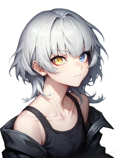 score_9,score_8_up,score_7_up,<lora:mygo:1>,1girl,black jacket,black shirt,blue eyes,bra strap,closed mouth,collarbone,hair between eyes,heterochromia,kaname raana,looking at viewer,off shoulder,portrait,sidelocks,simple background,solo,white background,white hair,wolf cut,yellow eyes,