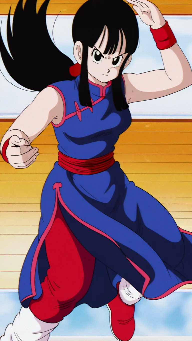 source_anime, masterpiece, best quality, amazing quality, anime screencap, high quality, 8k, absurdres, official style, 1girl, solo, looking at viewer, angry, battle pose, <lora:ChiChi_OG_Z_iL:1>, ch1ch1, black eyes, black hair, og db, long hair, ponytail, sidelocks, blue china dress, red trim, red waistband, sleeveless, wristband, chinese clothes, red footwear,