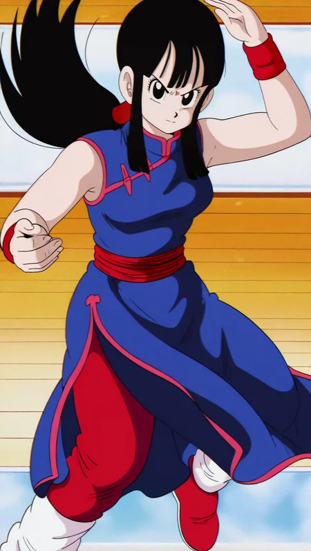 source_anime, masterpiece, best quality, amazing quality, anime screencap, high quality, 8k, absurdres, official style, 1girl, solo, looking at viewer, angry, battle pose, <lora:ChiChi_OG_Z_iL:1>, ch1ch1, black eyes, black hair, og db, long hair, ponytail, sidelocks, blue china dress, red trim, red waistband, sleeveless, wristband, chinese clothes, red footwear,