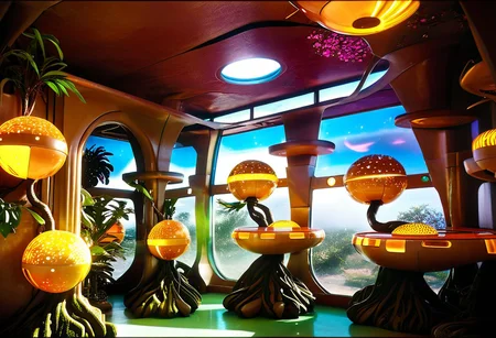 Photograph, masterpiece,best quality, of An astonishing award winning, art installation, the interior of an incredible starship, poly acrylic resin molded tree sculptures, fake plastic flowers, 1970s Brazilian Tropicalia retrofuturism, in the style of Pipilotti Rist, complex shadows, retro, science fiction style