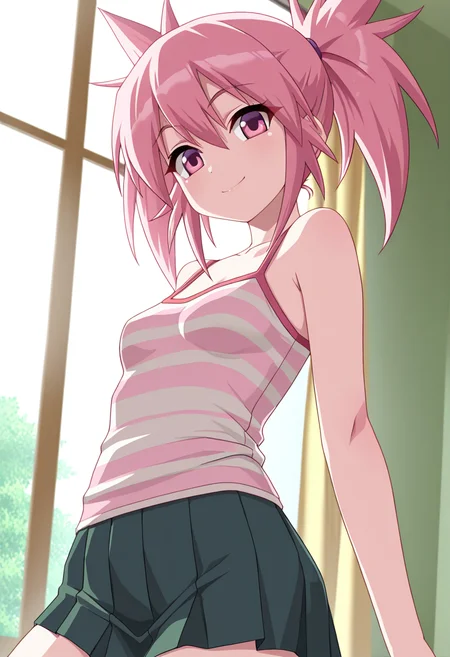 masterpiece, best quality, amazing quality, 1girl, solo, cowboy shot, lunarww, pink eyes, pink hair, medium hair, twintails, small breasts, striped camisole, dark green skirt, looking at viewer, smile, indoors, day, skindentation, detailed clothing folds, depth of field, sharp, high contrast, dynamic light <lora:Edomae_Lunar_Seto_no_Hanayome_ill_v11:0.9>