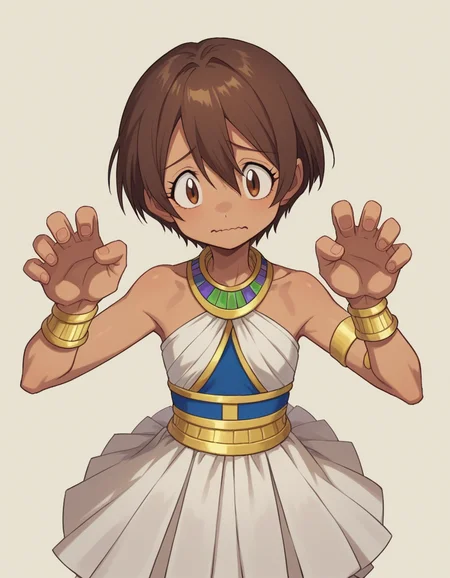 zPDXL, score_9, score_8_up, score_7_up, source_anime,
<lora:Digimon_v2-15:0.8> digimon, 1girl, solo, sora, brown hair, brown eyes, short hair, hair between eyes, wavy mouth, paw_pose, queen from ancient egypt wearing Jewel-encrusted halter-neck top with flowing chiffon drape, pleated silk skirt with gold thread embroidery, gold filigree crown, embellished sandals,