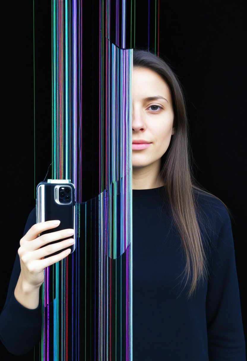 lazympos, glitch, crackedlcd, glitch, woman, cell phone, selfie, high contrast,