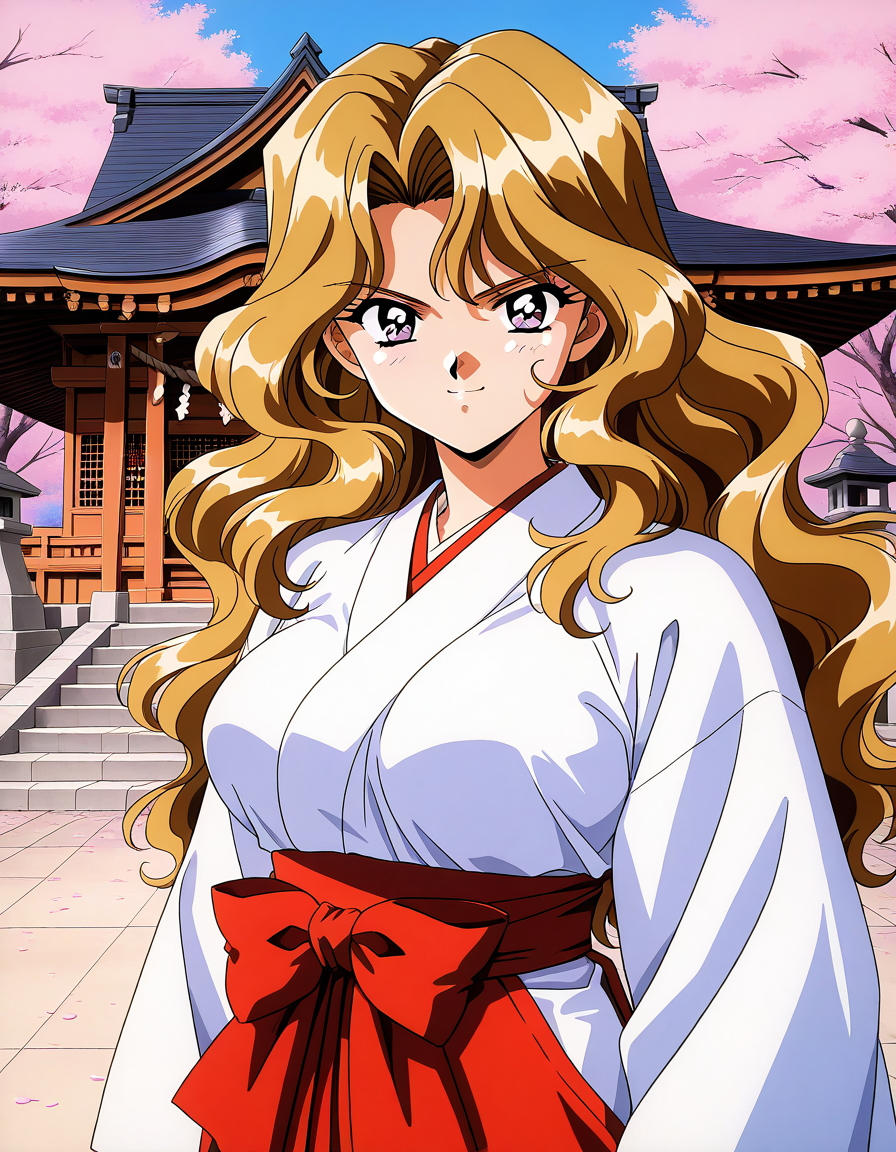 general,highres, ultra-detailed,very aesthetic,best quality ,best hands,  BREAK <lora:Shindou_Reiko_Anime_IS:1>
Shindou_Reiko(Anime_Ver),1girl, solo, long hair, blonde hair, purple eyes,  wavy hair, large breasts, 1990s \(style\),retro artstyle, anime coloring, serious face,
japanese white clothes, miko, red hakama, shrine, cherry blossom, smile.
sm room,