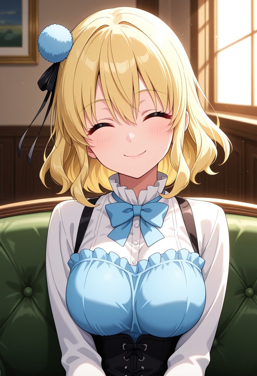 masterpiece, best quality, amazing quality,1girl, solo, BREAK
ari4,blonde hair,short hair, hair ornament, blue eyes,dress,bowtie,
BREAK
,upper body,looking at viewer,smile,closed mouth,closed eyes,couch,indoors,