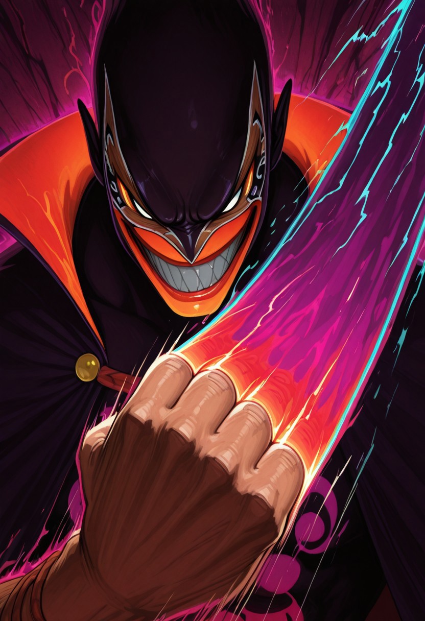 Menacing DARK Shadow Ghost wielding a mighty powerful Fist, throwing punch, Brown wooden Mask resembling majoras Mask, Face Closeup, evil grin, vibrant translucent Neon hell Blade, monkey d Luffy, high collar,