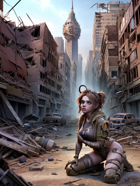 (disney:0.4)
(cartoon:0.3)
(pixar:0.8)
(3D:1.2),(Pui),(UHD:1.1), (nsfw:1.3), 
(detailed background visible:1.2),
(Photorealistic:1.2),
(portrait:1.1) of 1girl (wearing recycled material clothes) kneeling  inside a destroyed (city in ruins:1.2), flames, smoke, dust, (decay:1.1), (dim lighting), glowing LED, danger, nuclear hazard symbol, 
 <lora:Wasteland:0.8> Wasteland, the, and, with, wasteland, background,
(hyper detailed:1.2), 
(Style: subsurface scattering, analog style, realistic, film photography, highres photo, cinematic Lighting, trending on artstation, ((high quality:1.2, masterpiece:1.2)), (8k resolution),)