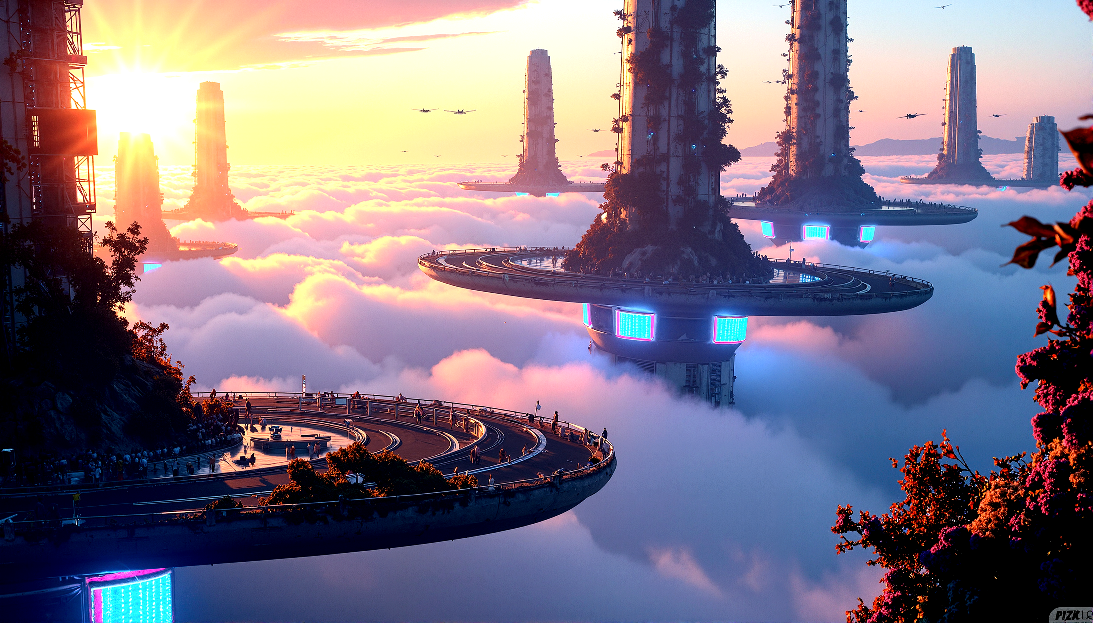 A city built on massive floating platforms above the clouds. Skyscrapers rise from the platforms, their bases shrouded in mist. The city is interconnected by sleek, transparent walkways, and the air is filled with flying vehicles and drones.Nature reclaiming parts of the city, with plants that glow with neon lights intertwined with the decaying architecture.Fields of plasma energy that distort light, creating shimmering waves of color and light around them. Random glitches in the holographic displays throughout the city, causing light to distort and break.Urban crystals that glow with a soft, inner light, embedded in the city's architecture.
A sunset that glitches and shifts in color, with rays of light that break into pixels and reform as they pass through the atmosphere.