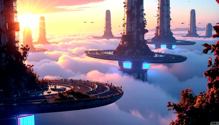 A city built on massive floating platforms above the clouds. Skyscrapers rise from the platforms, their bases shrouded in mist. The city is interconnected by sleek, transparent walkways, and the air is filled with flying vehicles and drones.Nature reclaiming parts of the city, with plants that glow with neon lights intertwined with the decaying architecture.Fields of plasma energy that distort light, creating shimmering waves of color and light around them. Random glitches in the holographic displays throughout the city, causing light to distort and break.Urban crystals that glow with a soft, inner light, embedded in the city's architecture.
A sunset that glitches and shifts in color, with rays of light that break into pixels and reform as they pass through the atmosphere.