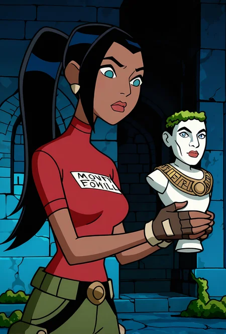 <lora:ovkai-10:1> ovkai, 1girl, long hair, black hair, dark skin, ponytail, earrings, lips, red shirt, short sleeves, turtleneck, green cargo shorts, fingerless gloves, cartoon, screencap, dynamic pose, expressive, amazing quality, best quality, facial expression , cartoon, , inside ancient tomb, ancient temple, old temple, dark, moss, heliographic, wall writing, holding statue,, masterpiece, best quality, amazing quality, very aesthetic, absurdres, newest,