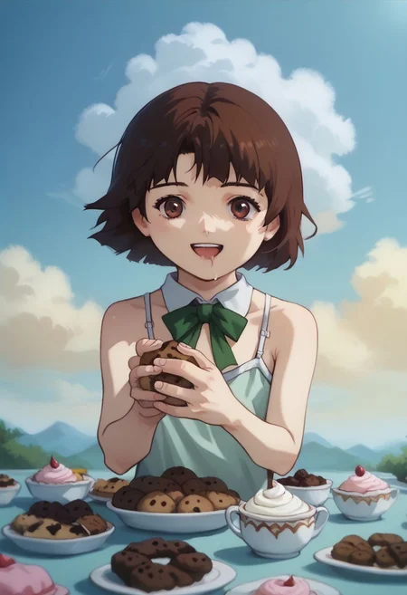 score_9, score_8_up, score_7_up, score_6, source_anime, lain, brown hair, (light green camisole, bowtie), table, tartan tablecloth, (single tea pot, single tea cup), ((overjoyed, very happy, hypomania, drooling, scrubing hands, rubbing hands)), ((cupcakes, brownies, madeleines, big cakes, cookies)), cute, (chibi), close view, clouds sky background, outdoors, airborne