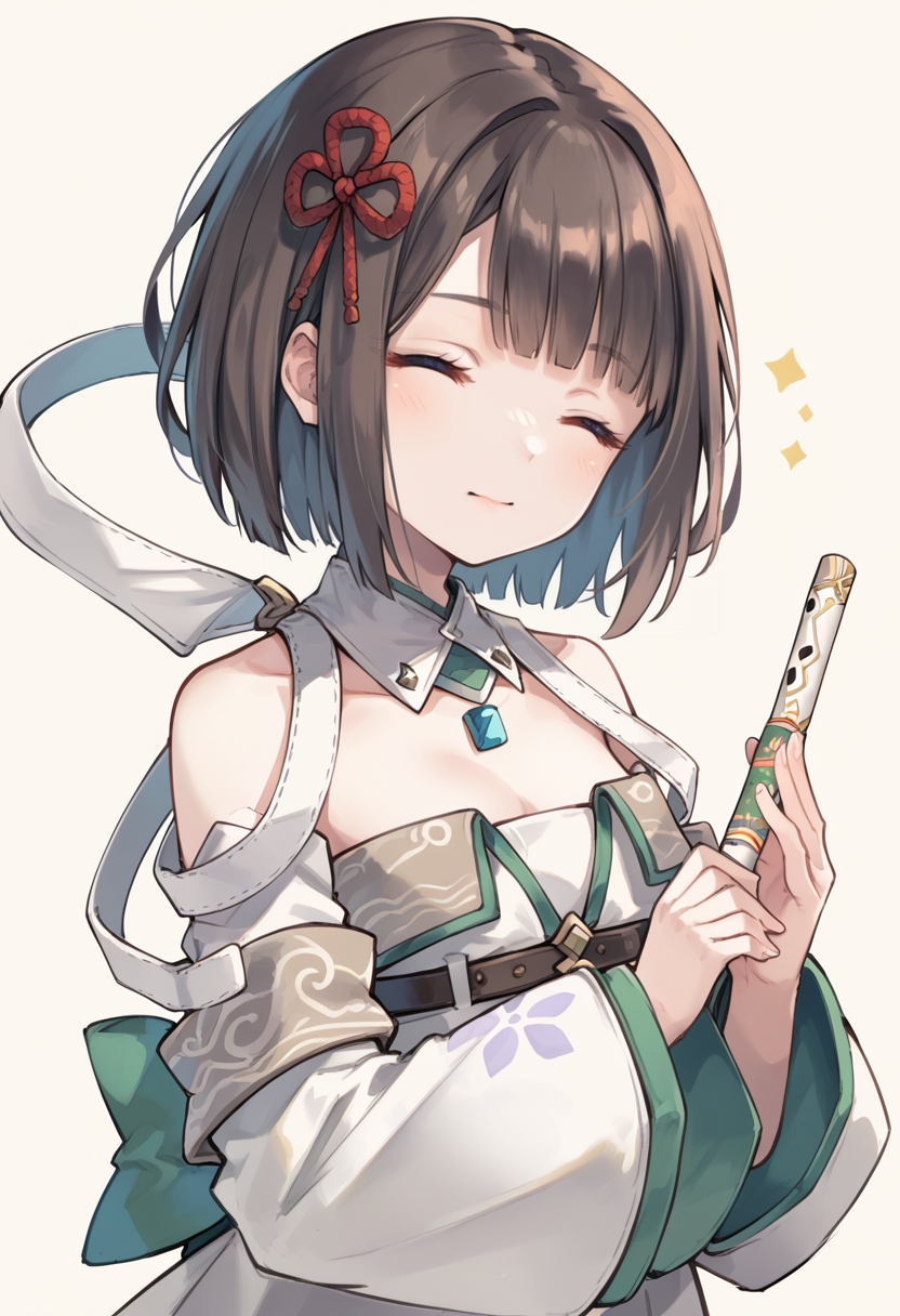 (score_9:0.9),score_8_up,score_7_up,rating_safe,anime style,(zPDXL),<lora:Xb3 miyabi ponyXL v1:0.8>, miyabi xb3, white detached sleeves, white dress, white detached collar, red hair ornament, 1girl, flute, solo, closed eyes, playing flute, music, simple background, holding, upper body, holding instrument
