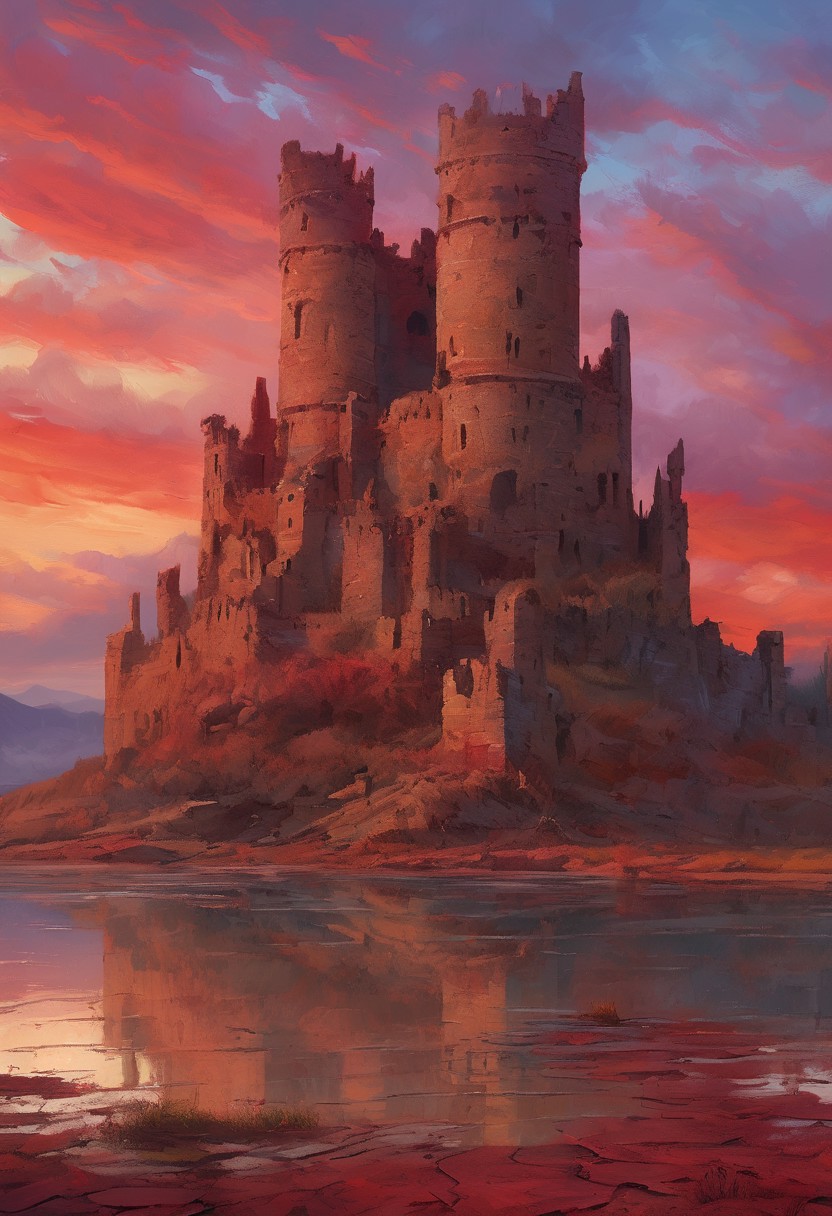 masterpiece, 8k, UHD, best quality, high res, amazing quality, 
soft painting, absurdres,
Under the crimson sunset sky, on the shore of a dried-up lake, the tall ruins of an ancient castle rise up into the sky, surrounded by scorched earth.
awesome background, 
high detailed, intricate,
linquivera, liiv1