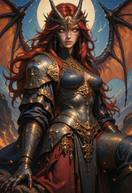 Dark fantasy painting of a stunning half-dragon woman, her piercing, slit-pupiled eyes glow with an otherworldly golden light, reflecting her draconic heritage. Delicate horns curve gracefully from her forehead, adorned with intricate jewelry and runes. Long, flowing hair cascades down her back, resembling dragonfire in color (deep reds, silvers and blues). She wears a regal yet fierce outfit, blending armor-like elements with flowing fabrics, suggesting both nobility and power. A pair of majestic, leathery wings unfurl behind her, and her fingers end in sharp, elegant claws. The background is a mystical landscape, enhancing her mythical presence. OBxiaoxiang, G0thicL1nes, R3alisticF, D3tailedP0rtraits