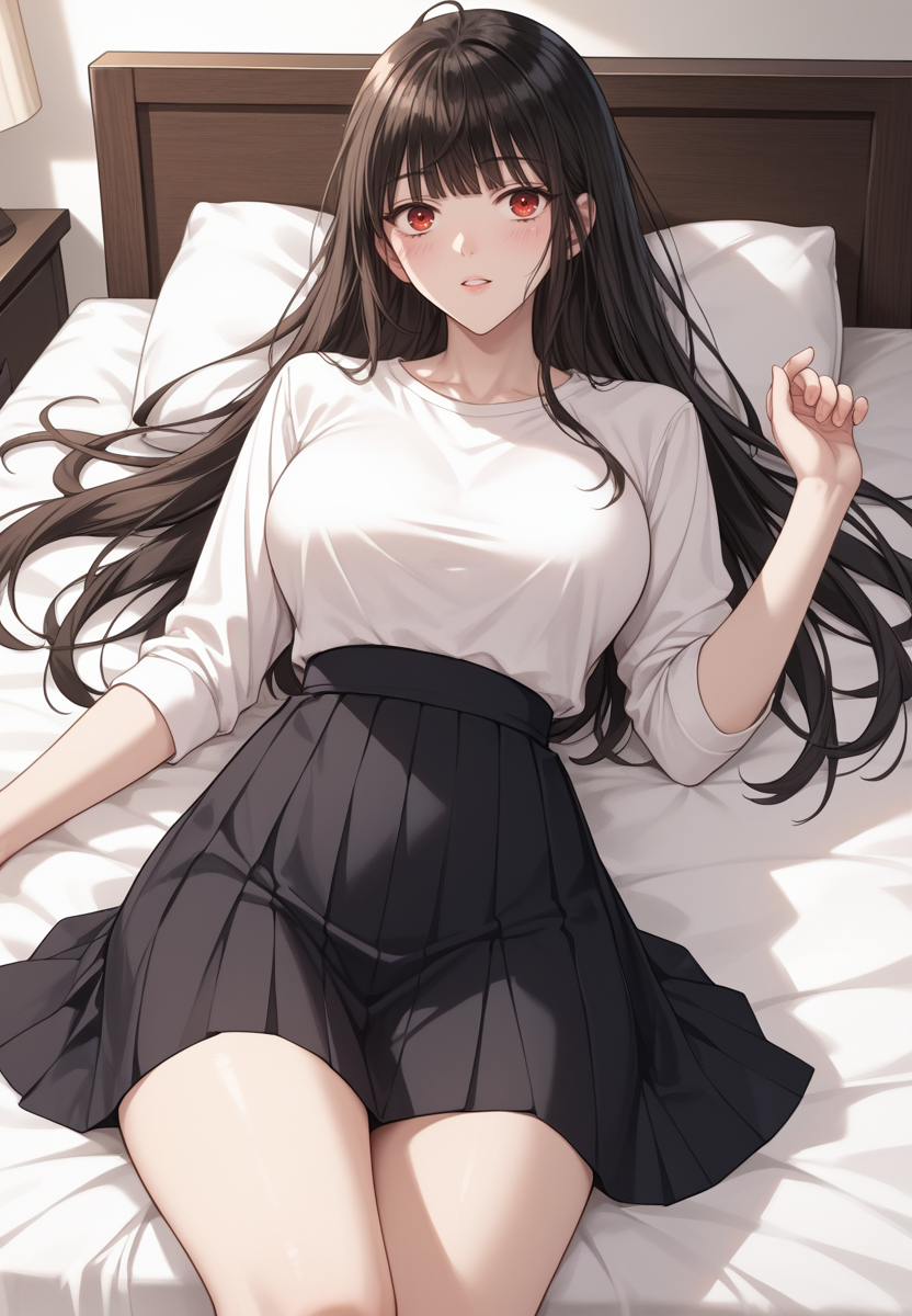 zPDXL3, score_9_up, score_8_up, score_7_up, (Anime_source),Masterpiece,(perfect female body:1.2), small waist,(incredibly detailed:1.4), slim, beautiful fingers, beautiful white skin, Beautiful clear skin, (huge breasts:1.1) (large breasts:1.1) (thick thighs:1.2)  <lora:Rosa_Park_-_Pure_Villain__ManhwaWebtoon-000002:1> rosa park, 1girl, black hair, long hair, blunt bangs, red eyes, on back, on bed, indoors, bedroom,  black skirt, black socks, long shirt,