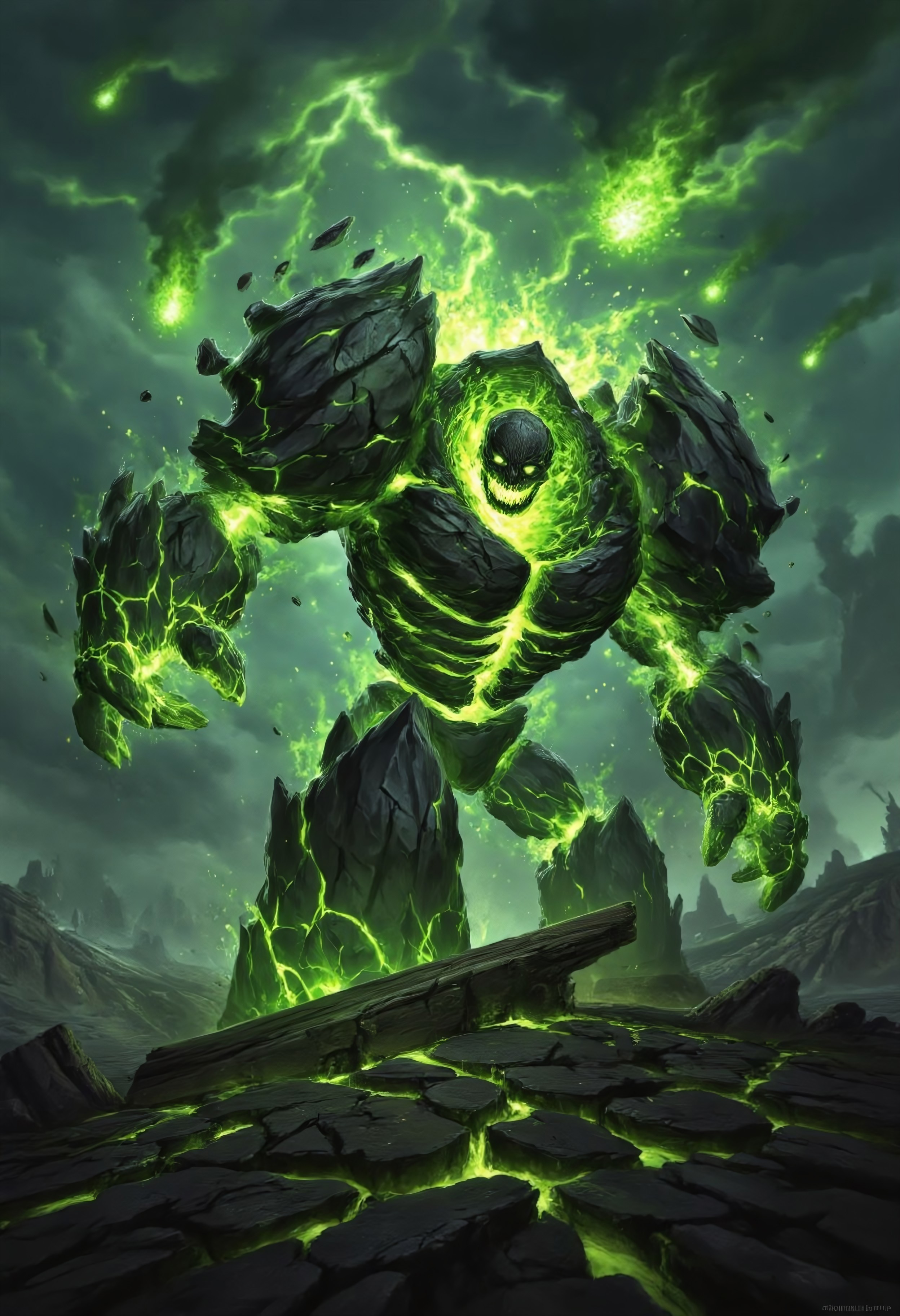 Create an epic, hyper-realistic depiction of an Infernal from Warcraft, its massive, jagged body made of dark, molten rock glowing with intense cracks of fel energy. The Infernal is completely engulfed in roaring, chaotic fel flames—vivid green and purple fire swirling around its form, illuminating the dark, apocalyptic battlefield. Its eyes and mouth blaze with an otherworldly glow, and its fists are raised, ready to unleash destruction. The ground beneath it is scorched and cracking, with molten lava seeping through. The background is a stormy, fiery sky filled with swirling fel magic and lightning, creating a sense of overwhelming power and chaos. The scene is dark, dramatic, and awe-inspiring, capturing the raw, terrifying energy of the Infernal