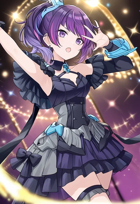(score_9:0.9),score_8_up,score_7_up,anime style,rating_safe,<lora:30ms Alpha Sisters Phantasm ponyXL v1:0.82>,Alpha Sisters Phantasm black,<lora:TanakaMamimi_pony_v1:0.9>
tnkmmm, purple hair,holding microphone,microphone,concert,hand up,black dress,