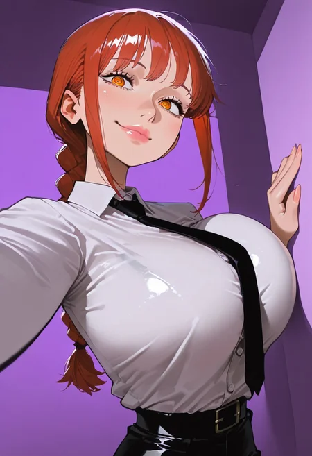 1girl, solo, makima \chainsaw man\, red hair, long hair, ringed eyes, braided ponytail, white collared shirt, black necktie, black pants,
looking at viewer, smiling, closed mouth,
hiding, in macabre Cursed, moonlit hilltop,artist:Matsuba10,matumot,kim hyung tae,
dynamic angle, dynamic motion, creepy, horror,fenner, trippy,,absolutely eye-catching,,extremely detailed,, good composition, masterpiece, best quality, very aesthetic, very awa, absurdres, newest,
masterpiece, best quality, amazing quality, very aesthetic, absurdres, newest, , photorealistic,  <lora:incase_new_style_red_ill>, ExpressiveH,  purple lights, purple mood, shiny skin, black bra under clothes, beautiful lips, sexy lips, shiny lips,