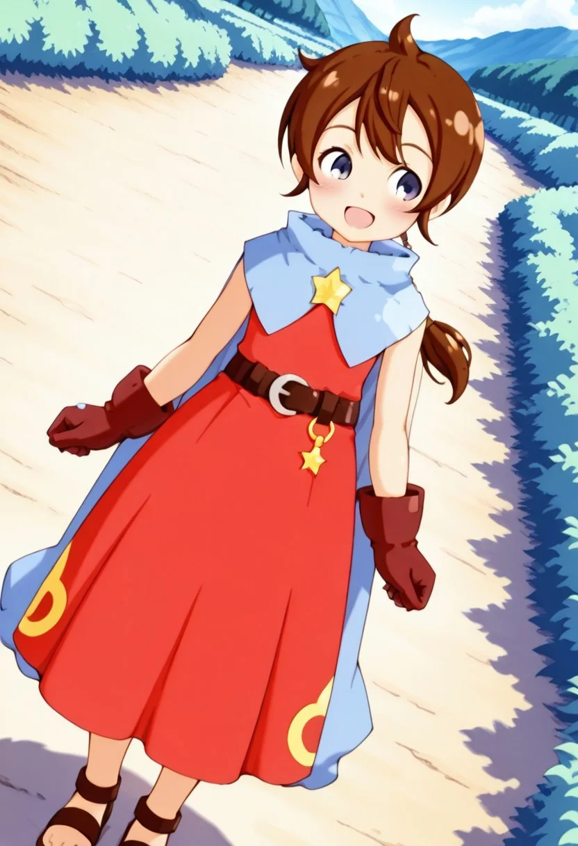 masterpiece,anime_coloring,anime_clothing,amazing_quality,Tokia_DMO, 1girl, solo,gloves, brown hair, (low ponytail), star \(symbol\), cape, sleeveless,red dress, long dress,belt, Sandals, close-up face,open mouth,blush,smile,happy,outdoor,from_side,dynamic angle,