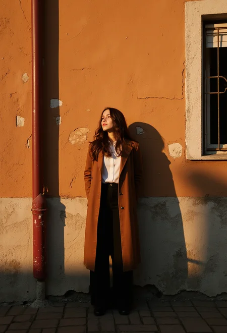 S4DC1NE. This photograph captures a young woman standing outdoors against a weathered, orange-brown wall. The wall is peeling, with patches of exposed brick and chipped paint, giving it a rustic, aged appearance. The woman, who appears to be in her late 20s or early 30s, has long, wavy brown hair and fair skin. She is wearing a long, brown trench coat over a white blouse and black pants. Her expression is serene as she gazes upward, possibly at the sky or a window above her.
To her left, a red pipe runs vertically down the wall, adding a contrasting pop of color. To her right, there is a window with a metal grill, partially covered by a blind. The ground is paved with dark gray bricks, and the shadows cast by the setting sun create a warm, golden glow on the wall and the woman's face. The overall mood of the image is tranquil and slightly melancholic, enhanced by the weathered textures and the woman's contemplative pose. The photograph is likely taken in an urban setting, possibly in an old European city, given the architectural style and the historical ambiance of the wall.
