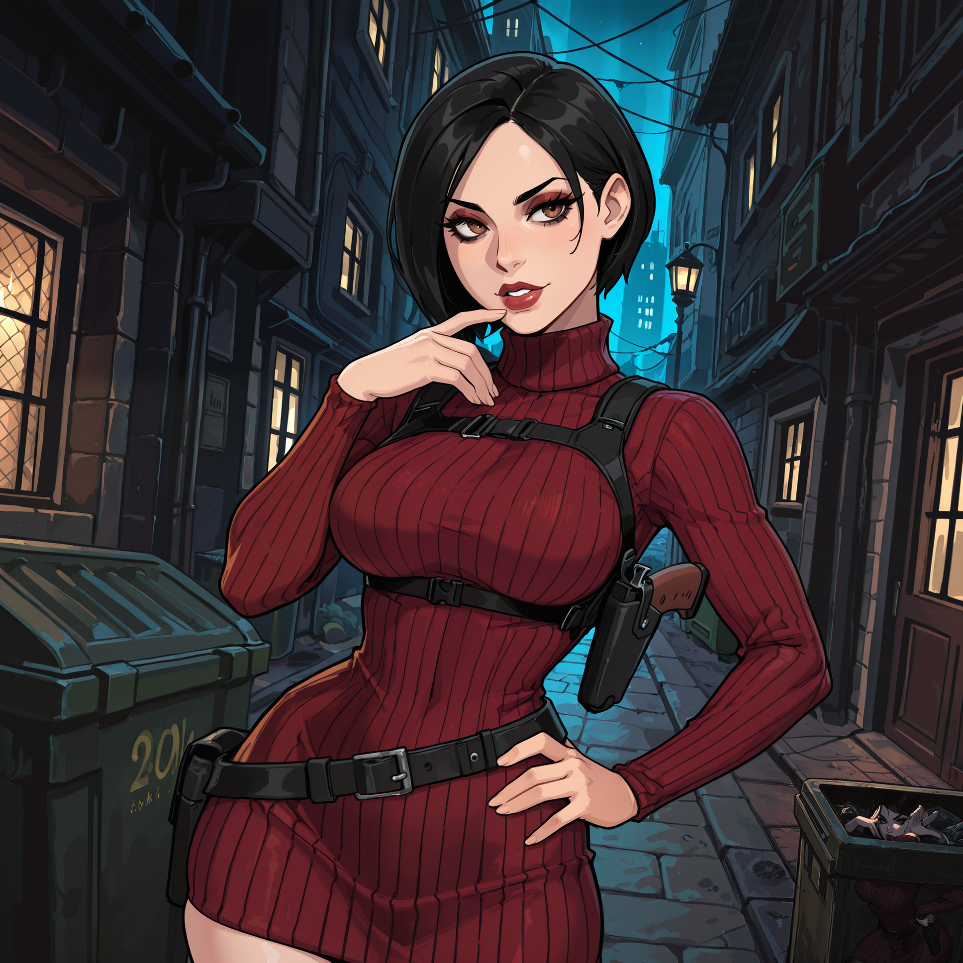 2d, very awa,

masterpiece, best quality, highres,

eye contact:1.15, facing viewer:1.25, sexy pose, dynamic shot, dynamic angle, hand on hip, hand on lips,

BREAK

perfect character, perfect hands, perfect fingers, detailed character, detailed face, detailed eyes, detailed eyelashes, detailed lips, 

1girl, solo, mature, ada wong from resident evil, light skin color, japanese girl, black hair color, medium length hair, brown eye color, dark red colored eyeshadow, black eyeliner

fit body, almond shaped eyes, long eyelashes, round medium breasts, small narrow waist, wide hips, skindentation,

BREAK

red colored turtleneck sweater dress, ribbed pattern dress:1.25, black colored shoulder holster, loose black colored belt,

BREAK

detailed background, detailed scenery, outdoors, modern city, alleyway, in a dark alleyway, garbage:0.6, dumpster:0.6, nighttime, dark,
