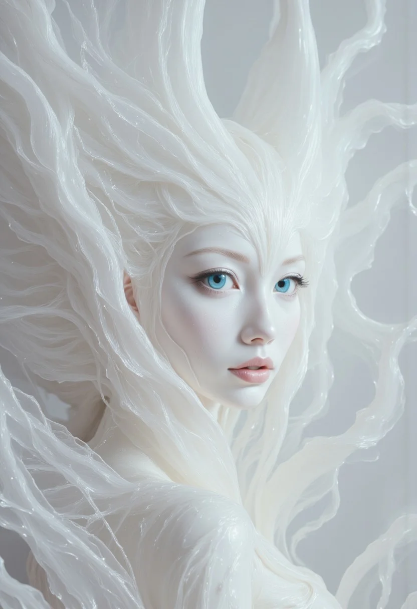 A closeup, surreal, ethereal portrait of a woman with a hauntingly beautiful, almost angelic presence. Her pale complexion is luminescent, blending seamlessly into the pure white background, creating an impression that she is emerging from light itself. Her very large piercing blue eyes are the focal point, their crystalline clarity and soft glow conveying a sense of otherworldly wisdom and calm. Her long lashes are bold and dramatic, contrasting starkly against her porcelain skin, drawing the viewer's gaze deeper into her haunting stare. Her features are delicately sculpted, with high cheekbones, a perfectly straight nose, and soft, full lips that hold a subtle, neutral expression, suggesting serenity and quiet strength. Her platinum-white hair flows and floats softly upwards, emphasizing her celestial appearance. The fine strands are light and wispy, blending seamlessly into the white backdrop with white ashes falling around her, adding to the ethereal atmosphere. The lighting is diffused and even, erasing shadows and creating a minimalistic aesthetic that places full focus on her striking features. The overall composition feels timeless, as if capturing the essence of purity and perfection, with a soft, dreamlike quality that invites introspection and awe. The simplicity of the image enhances its mystique, creating a profound, angelic presence that feels both familiar and otherworldly.