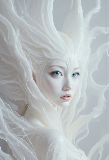 A closeup, surreal, ethereal portrait of a woman with a hauntingly beautiful, almost angelic presence. Her pale complexion is luminescent, blending seamlessly into the pure white background, creating an impression that she is emerging from light itself. Her very large piercing blue eyes are the focal point, their crystalline clarity and soft glow conveying a sense of otherworldly wisdom and calm. Her long lashes are bold and dramatic, contrasting starkly against her porcelain skin, drawing the viewer's gaze deeper into her haunting stare. Her features are delicately sculpted, with high cheekbones, a perfectly straight nose, and soft, full lips that hold a subtle, neutral expression, suggesting serenity and quiet strength. Her platinum-white hair flows and floats softly upwards, emphasizing her celestial appearance. The fine strands are light and wispy, blending seamlessly into the white backdrop with white ashes falling around her, adding to the ethereal atmosphere. The lighting is diffused and even, erasing shadows and creating a minimalistic aesthetic that places full focus on her striking features. The overall composition feels timeless, as if capturing the essence of purity and perfection, with a soft, dreamlike quality that invites introspection and awe. The simplicity of the image enhances its mystique, creating a profound, angelic presence that feels both familiar and otherworldly.
