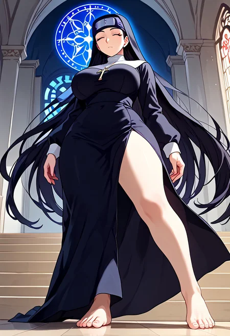 score_9, score_8_up, score_7_up, source_anime, rating_safe, intricate details, anime screenshot, official style, 1girl, Kin Tsuchi, <lora:Kin tsuchi 8-000011:1>, kin tsuchi, milf, very long hair, dark hair, dark eyes, forehead protector, forehead protector with otogakure symbol, <lora:Anonym:1>, anonymous, closed eyes, indoor, expressionless, huge breasts, nun, habit, long dress, glowing skin, full body, bare feet, feet, leg raised, from below, standing, feet raised, skirt raised, holding skirt