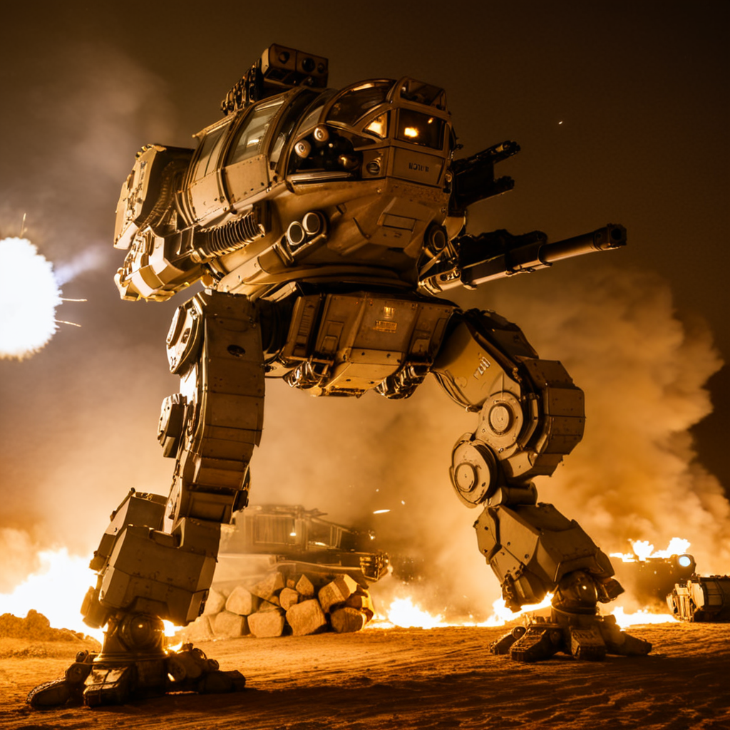 <lora:mecha:1>, mecha, robot, Nikon d850, Depth of field 270mm, photograph, highly detailed, brown skin, damaged, night, glass windsheild, outdoors, desert, smoke, dust, rock, battle, military vehicle, tank, solider, explosion, size difference, cold light, burning, firing, arm cannon, from below