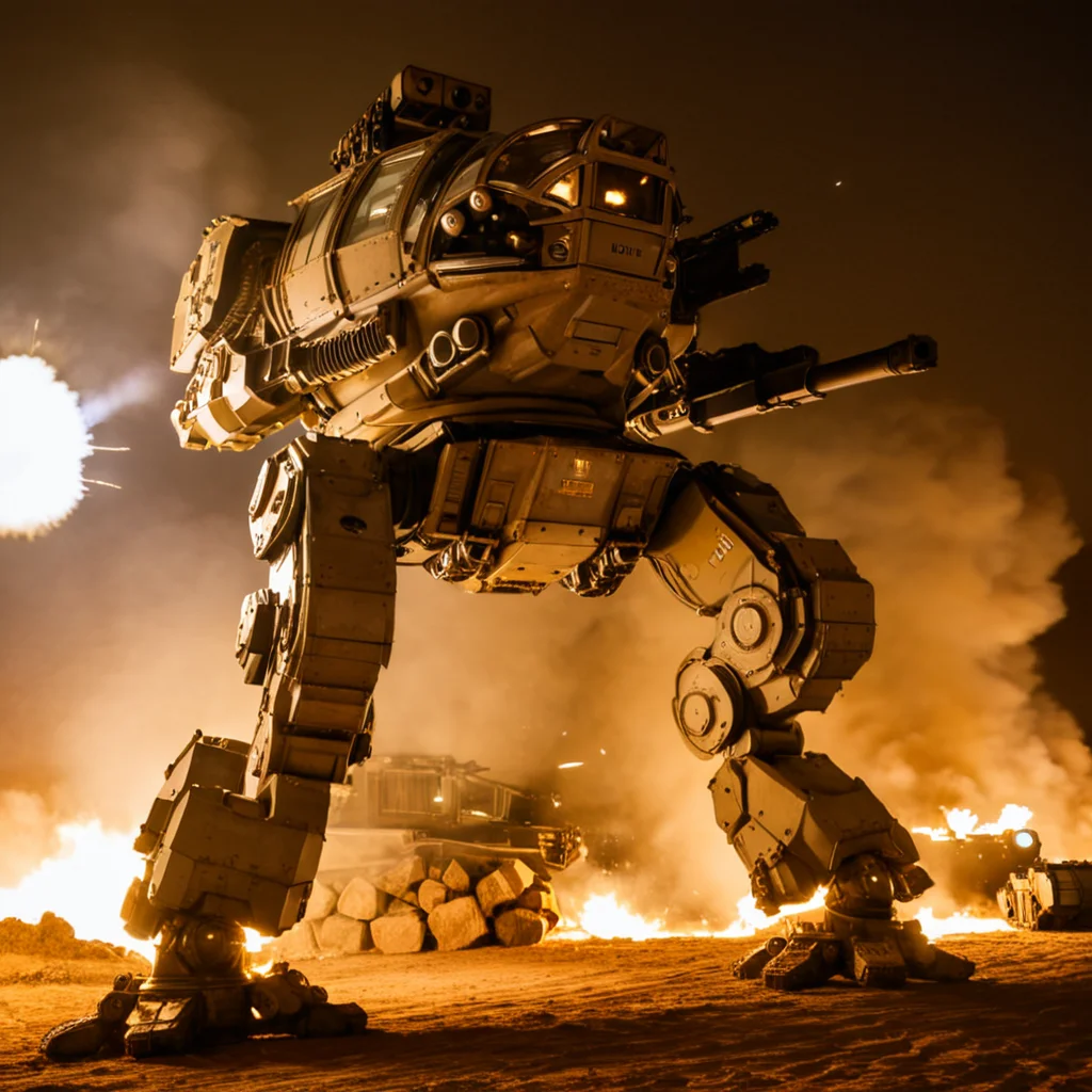 <lora:mecha:1>, mecha, robot, Nikon d850, Depth of field 270mm, photograph, highly detailed, brown skin, damaged, night, glass windsheild, outdoors, desert, smoke, dust, rock, battle, military vehicle, tank, solider, explosion, size difference, cold light, burning, firing, arm cannon, from below