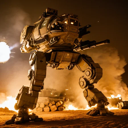 <lora:mecha:1>, mecha, robot, Nikon d850, Depth of field 270mm, photograph, highly detailed, brown skin, damaged, night, glass windsheild, outdoors, desert, smoke, dust, rock, battle, military vehicle, tank, solider, explosion, size difference, cold light, burning, firing, arm cannon, from below