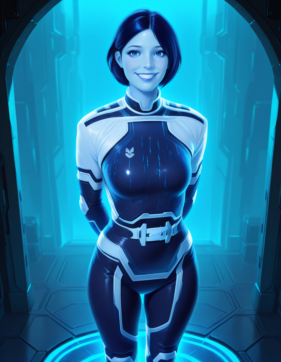 Masterpiece, high-res, 2k, best quality, realistic, ,   1 girl ,  theweapon, smile, standing, hands behind back, <lora:The_weapon_Illus-000043:1> ,  blue skin, blue eyes, looking at viewer,