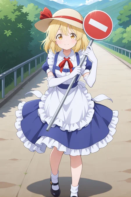 absurdres, highres, masterpiece, best quality, amazing quality, official anime artwork, screencap, anime screencap, outdoors, looking at viewer, light smile, dynamic pose, standing,
 <lora:Kana-Anaberal_Illustrious:1> kana anaberal, 1girl, solo, yellow eyes, blonde hair, short hair, sidelocks, medium breasts,, white hat, hat ribbon, red ribbon, puffy short sleeves, collared shirt, white shirt, blue dress, frilled dress, collared dress, white apron, waist apron, frilled apron, maid apron, elbow gloves, white gloves, frilled gloves, black shoes, mary janes, white socks, holding sign, no entry sign,