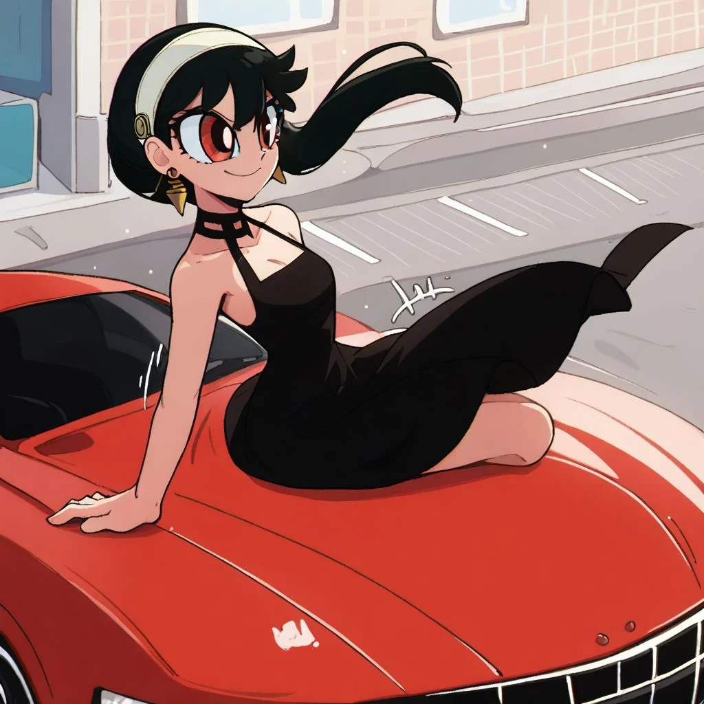yor briar, black hair, red eyes, earrings, white hairband, hairband, long hair, sidelocks, dress, cleavage, bare shoulders, jewelry, collarbone, sleeveless, black dress, halterneck, headband, white headband, powerpuff, smile, dynamic pose, dynamic angle, score_9, score_8_up, score_8, arms behind back, on top of a car, sitting on roof of car, motion lines, street, chase scene,