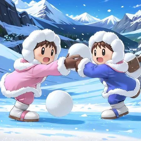 <lora:IceClimbersXL:0.7> iceclimbersxl, twins, snowball fight, (anime, masterpiece, intricate:1.3), (best quality, hires textures, high detail:1.2), (4k),(incredibly detailed:1.4),UHD, 8K, ultra detailed