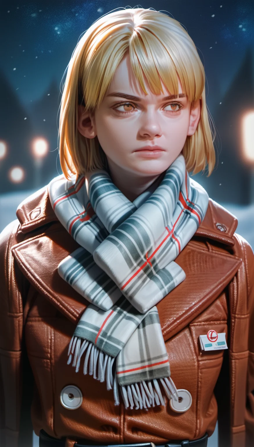 score_9,score_8_up,score_7_up,
<lora:ashleygraham:0.9>,
ashleygraham,
photorealism,
1girl,solo,blonde hair,bob cut,bangs,golden eyes,looking ahead,serious face,brown coat,plaid scarf,black belt,
upper body,
blurry background,night,bloom,starry sky,snow,bloom,lights particle,