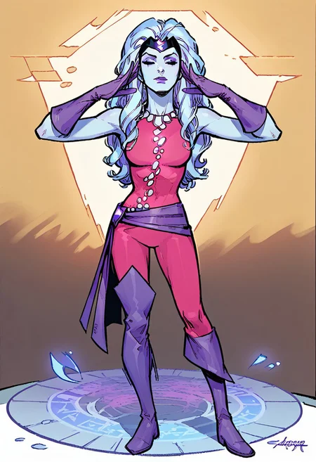 1girl, score_9, score_8_up, score_7_up, masterpiece, high quality, western cartoon, very detailed, full color picture, vibrant colors, solo, alone, 1girl,
oracle, pale blue skin, white hair, long hair, makeup, purple lips, purple gloves, purple sash, white necklace, white decal on suit, eyes closed, black headdress, bodysuit, suit1, purple boots, uneven boots, sleeveless, hazel eyes,
standing, facing viewer, full body, hands to head,