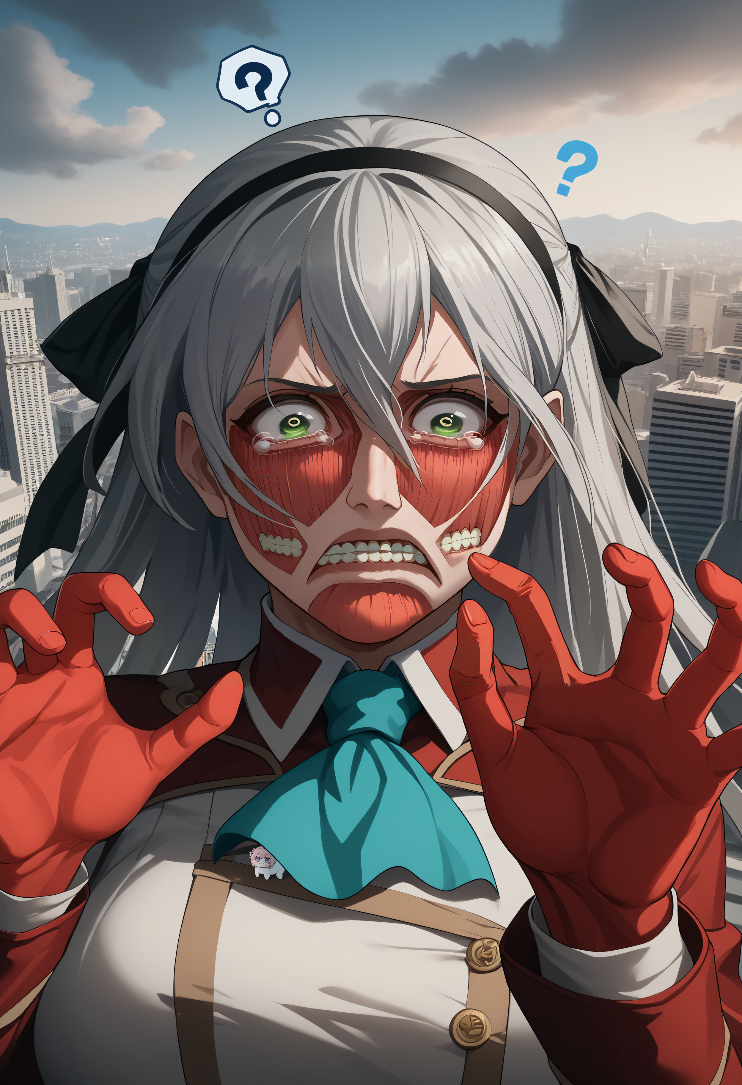 <lora:colossaltitan_aot_xypher_pdxl_v1:1> score_9, score_8_up, score_7_up BREAK source_anime, colossal titan, red skin, teeth, giant,  <lora:elie-pdxl-nvwls-v2:0.9> 1girl, zeroelie, grey hair, long hair, green eyes, black hairband, hair ribbon, black ribbon, red shrug top, blue ascot, white dress, surprised, scared, wide-eyed, confused, tearing up, size difference, cityscape, cloud, ?, hands up, pov