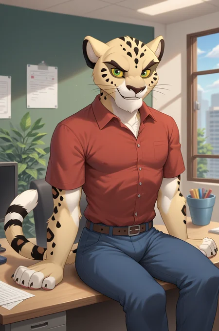 <lora:MakuchaPony-10:1>,score_9, score_8_up, score_7_up, male, Makucha, leopard, green eyes, yellow sclera, solo, anthromorphic body, detailed background, detailed background, Expressive, paws, paw_pads, solo, smile, (looking at viewer:1.3), sitting, in a chair, at a desk, office, red shirt, dark blue pants, buff, close up
