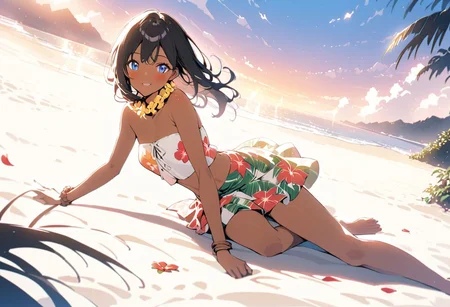 a beautiful (((black haired girl,))) very long messy hair, beautiful detailed deep blue eyes, (((brown skin))), tan skin, (hawaiian), cute and beautiful face, relaxed smile, medium breasts, hawaiian clothes, tropical print cropped red cotton (sleeveless strapless off shoulde:1.7)r top, flowing green flower print side tied sarong skirt, barefoot, toned midriff, red tropical flower in her hair, brown rope bracelet, yellow flower lei, medium full body view, colorful,
(masterpiece:1.2), (best quality:1.2), ultra-detailed, best shadow, detailed background, high contrast, (best illumination, an extremely delicate and beautiful), ((cinematic light)), hyper detail, dramatic light, intricate details, 8k, anime, very aesthetic, laying on the sand, beautiful hawaiian beach, sparkling blue ocean, waves, white sand, fluffy clouds in the sky, , summer season, flower petals blowing in the wind, beach in the background, breezy weather, natural lighting, bright lighting, sunset time, skirt blowing in the wind, hair blowing in the wind, hawaiian beauty, beautiful smile, happy, blush, outdoors
