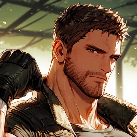 <lora:Chris_Redfield_Resident_Evil_Delegated_Roles:.8>, Chris Redfield, Brown hair, brown eyes, stubble, (tactical equipment), tactical Vest, bandaged arm, legband, tactical gloves, open clothing,
upper body, looking at the viewer,
(very short hair, beard, bara, mature, facial hair, stubble, beard, full beard, sideburn, beard, a lot of beard, ), facial hair,male focus, muscular male, muscular male, bara, mature, bara, mature, aixiwuganda_(20222192), very awa, masterpiece, best quality, absurdres, newest, perfect quality, detailed background, intricate details,
<lora:slider_Body Type_alpha1.0_rank4_noxattn_last:3><lora:Anime Summer Days 2 Style SDXL_LoRA_Pony Diffusion V6 XL:.6><lora:slider_cfg_scale_boost:.7><lora:Artist6p:.55>, Artist6p, Artist04p,<lora:slider_il_brightness_slider_d1:-1><lora:slider_il_contrast_slider_d1:-1><lora:slider_DarkSlider1.2_alpha1.0_rank16_full_300steps:-.6>