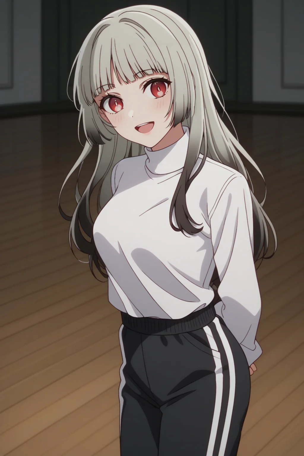 sscore_9, score_8_up, score_7_up, source_anime, 1girl, prefect lighting, very aesthetic, intricate details, highly detailed background, masterpiece, high quality, prefect hands, best quality, solo,
<lora:Mei_Adashino_Oshi_No_Ko_V2:.85>, KJOmei, grey hair, red eyes, sidelocks, long hair, black colored tips, blunt bangs,
turtleneck, track pants, untucked shirt,
arms behind back, smile, blush, looking at viewer, open mouth, from side, head tilt, leaning forward,
dancing studio, wooden floor,
(Beautiful, medium Breasts:1.2), natural breasts,